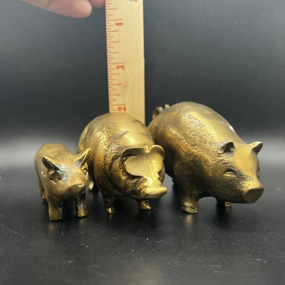 3 Vintage Solid Brass Pig Family Figures Ornaments Three Little Pigs Retro Heavy